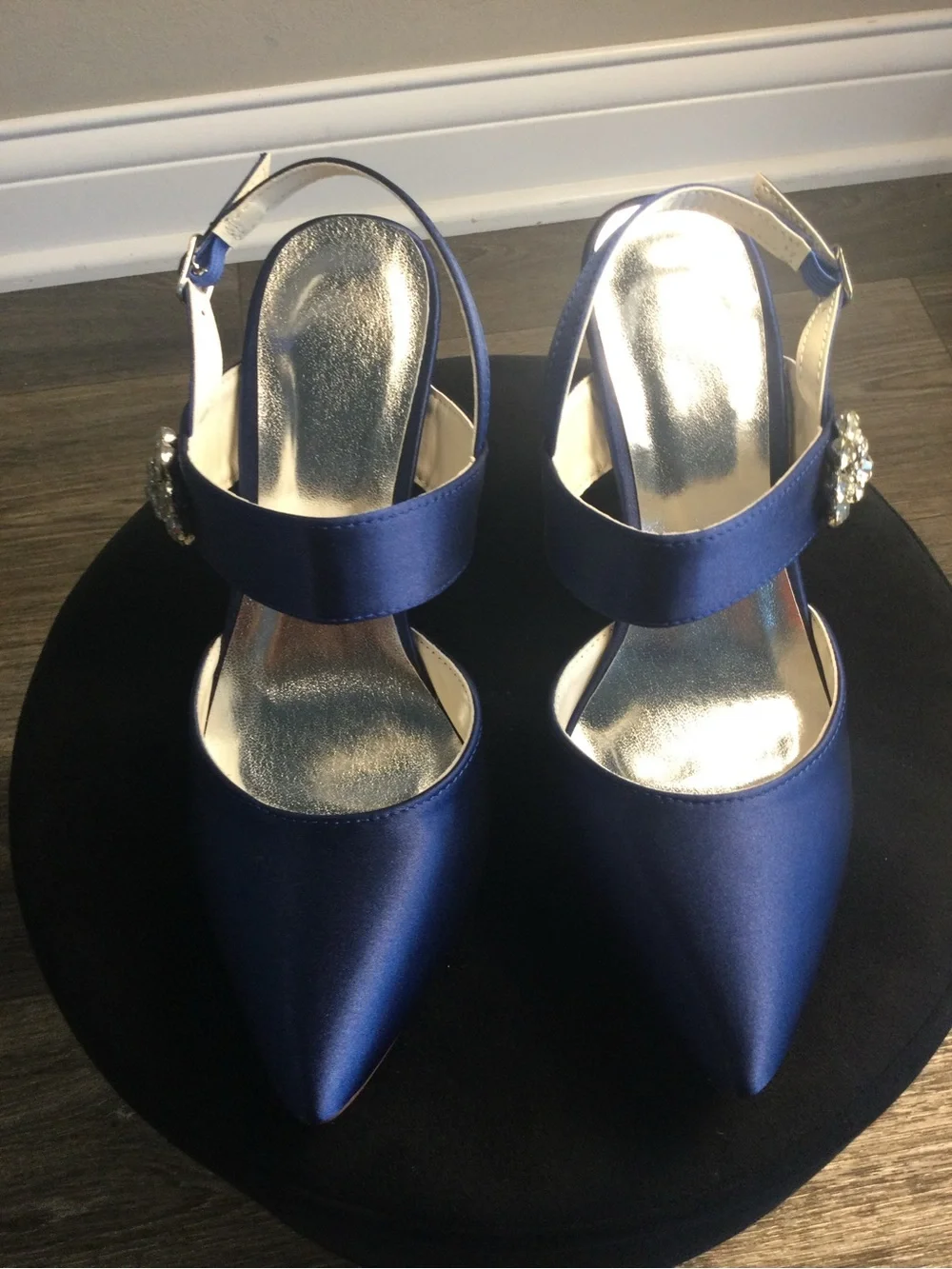 Navy Satin Slingback Heels with Crystal Brooch